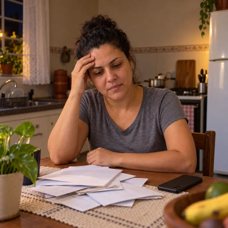 Mulher fazendo as contas do mês na mesa da cozinha, à noite